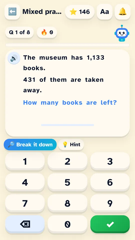 A word problem about library books, with a Break it down button
