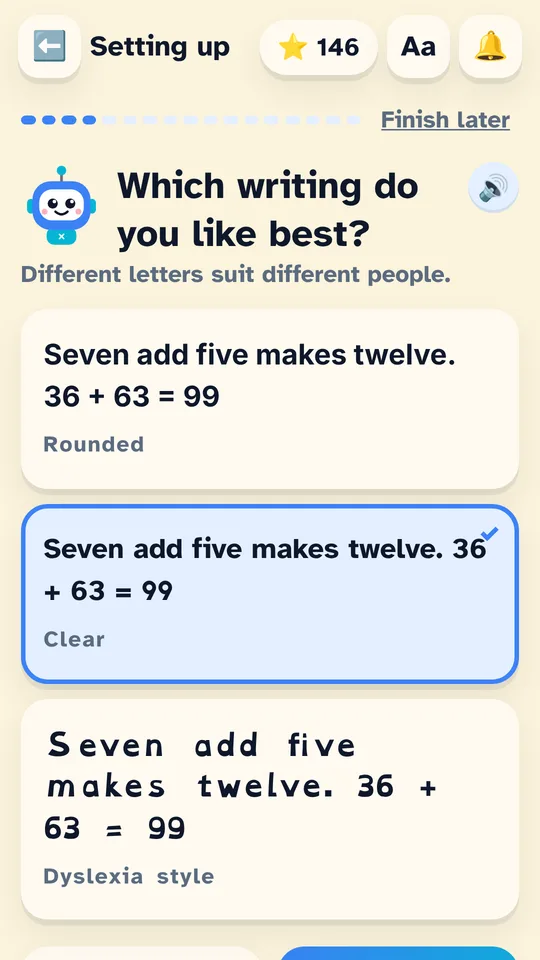 Setup screen asking which writing style is easiest to read